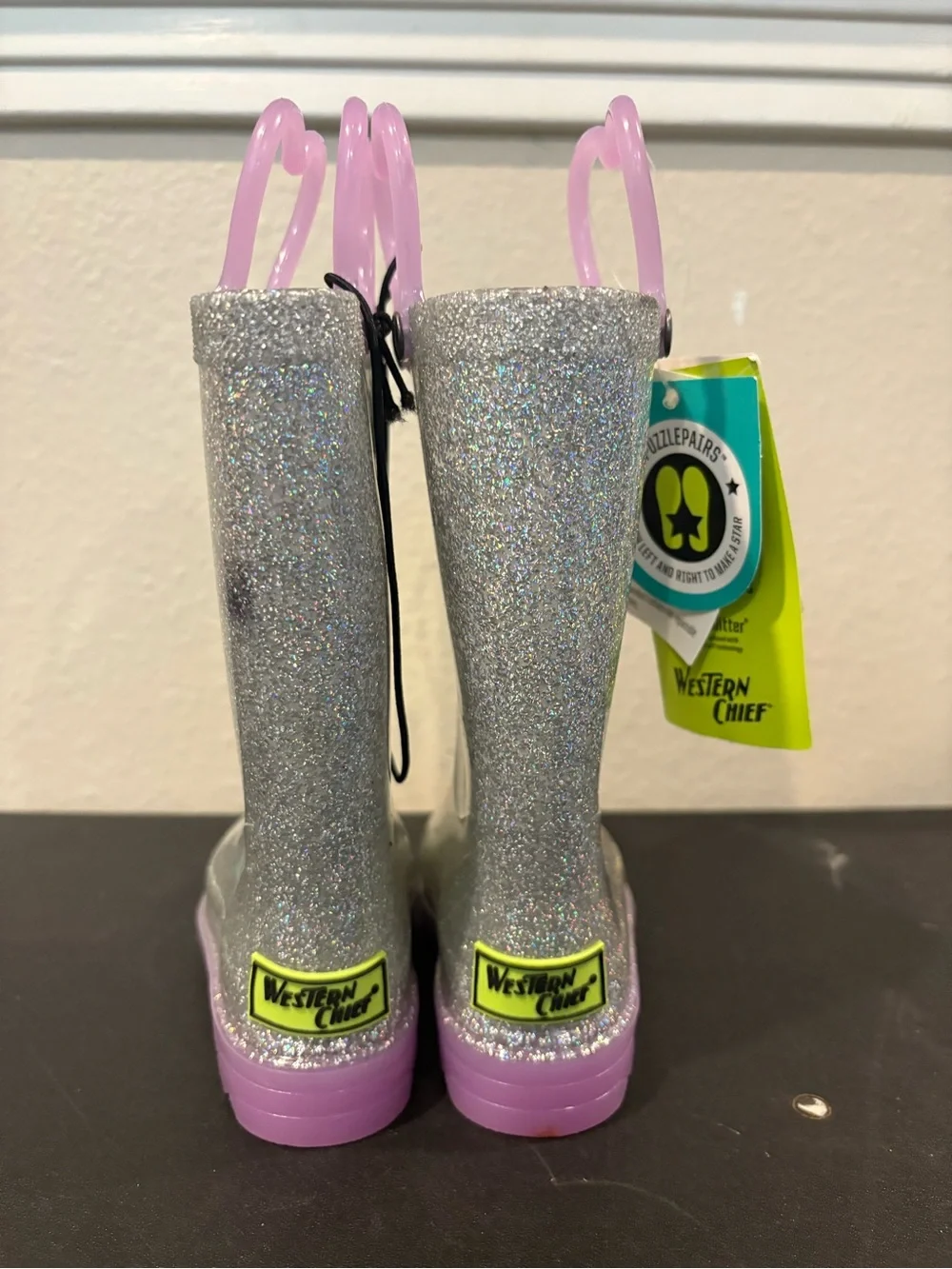 Western Chief Abby Silver Glitter & Purple Light Up Rain Boots Toddler Sz 7